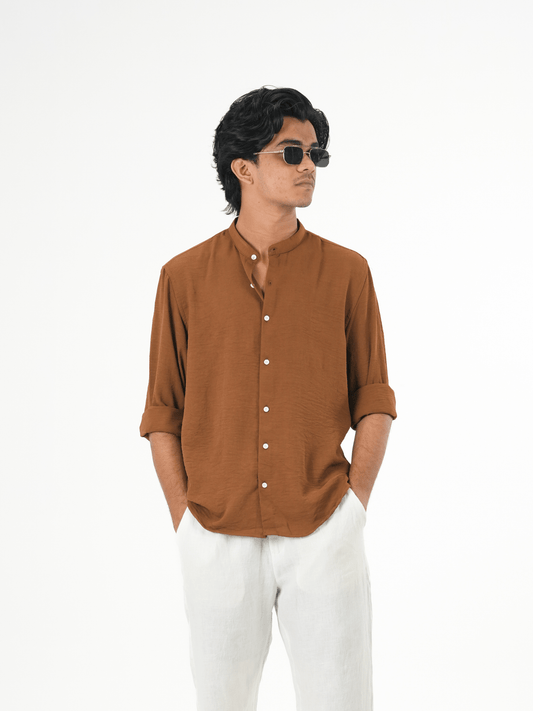 Regular Fit Chinese Collar Shirt IMP Fabirc LITE BROWN - outwearo
