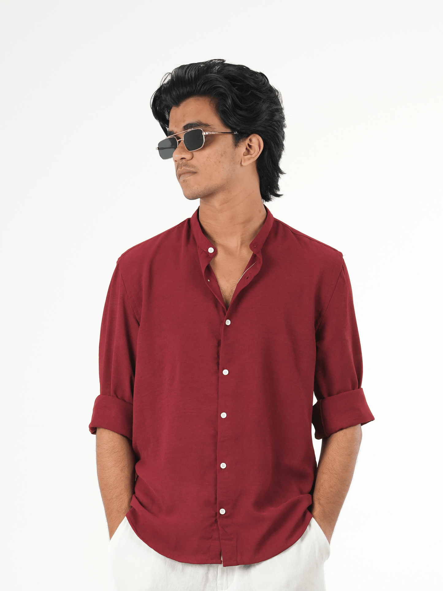 Regular Fit Chinese Collar Shirt IMP Fabirc MEROON - outwearo