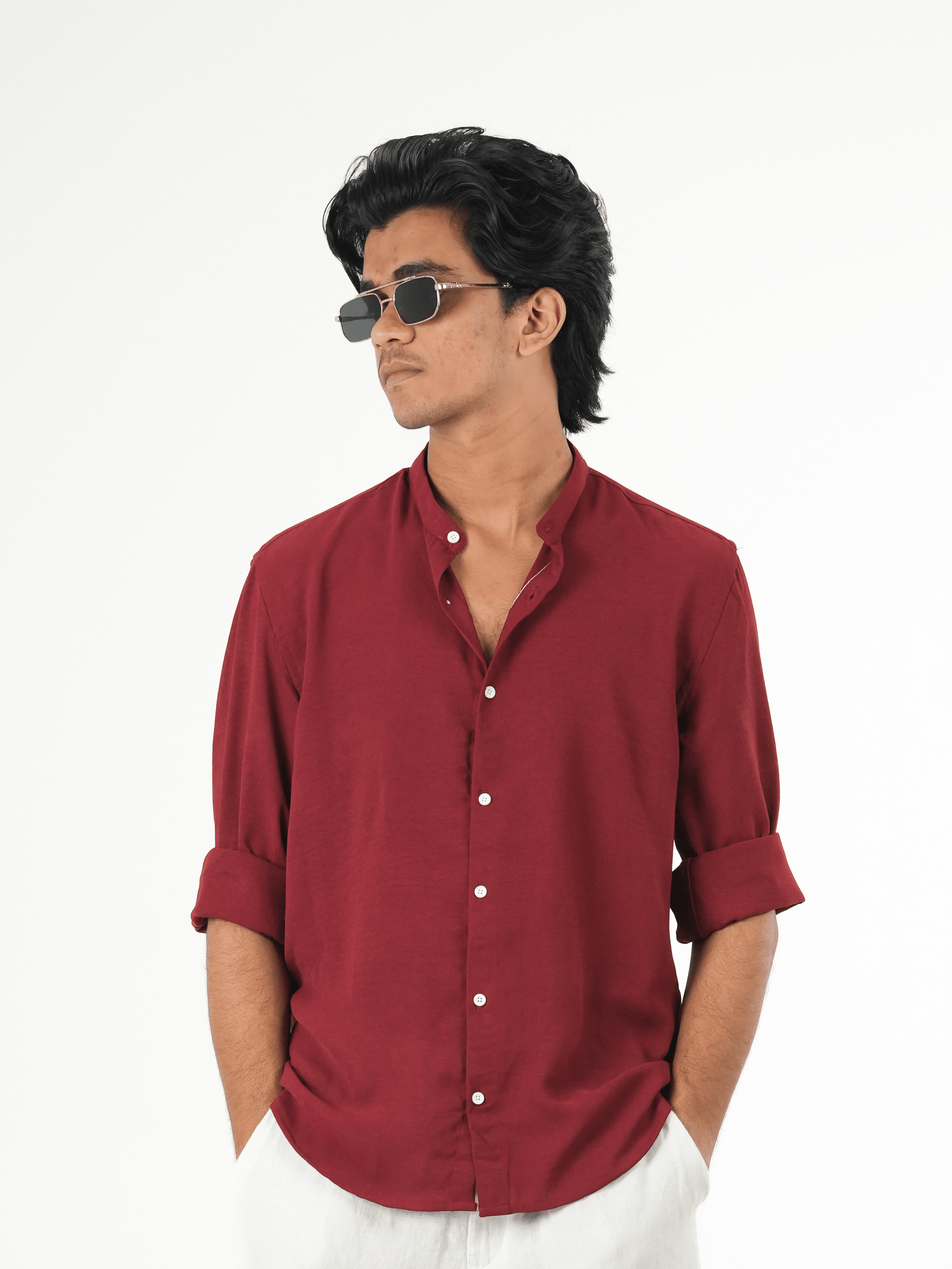 Regular Fit Chinese Collar Shirt IMP Fabirc MEROON - outwearo