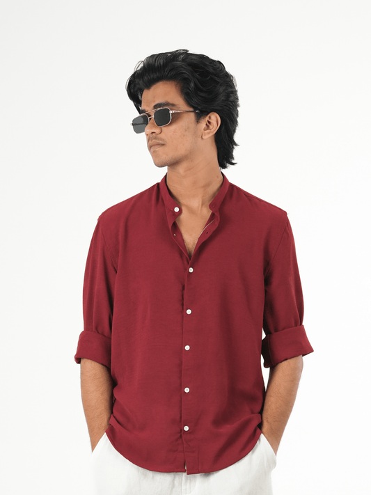 Regular Fit Chinese Collar Shirt IMP Fabirc MEROON - outwearo