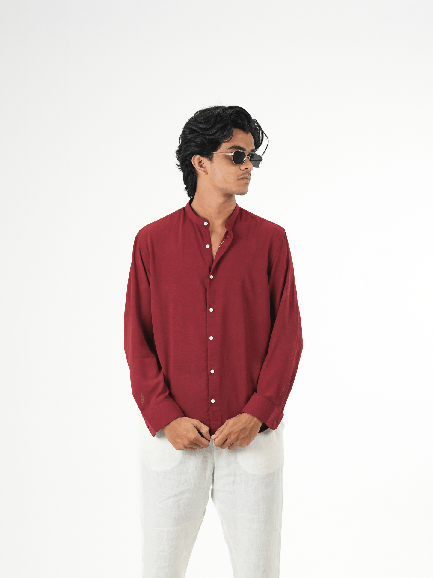 Regular Fit Chinese Collar Shirt IMP Fabirc MEROON - outwearo