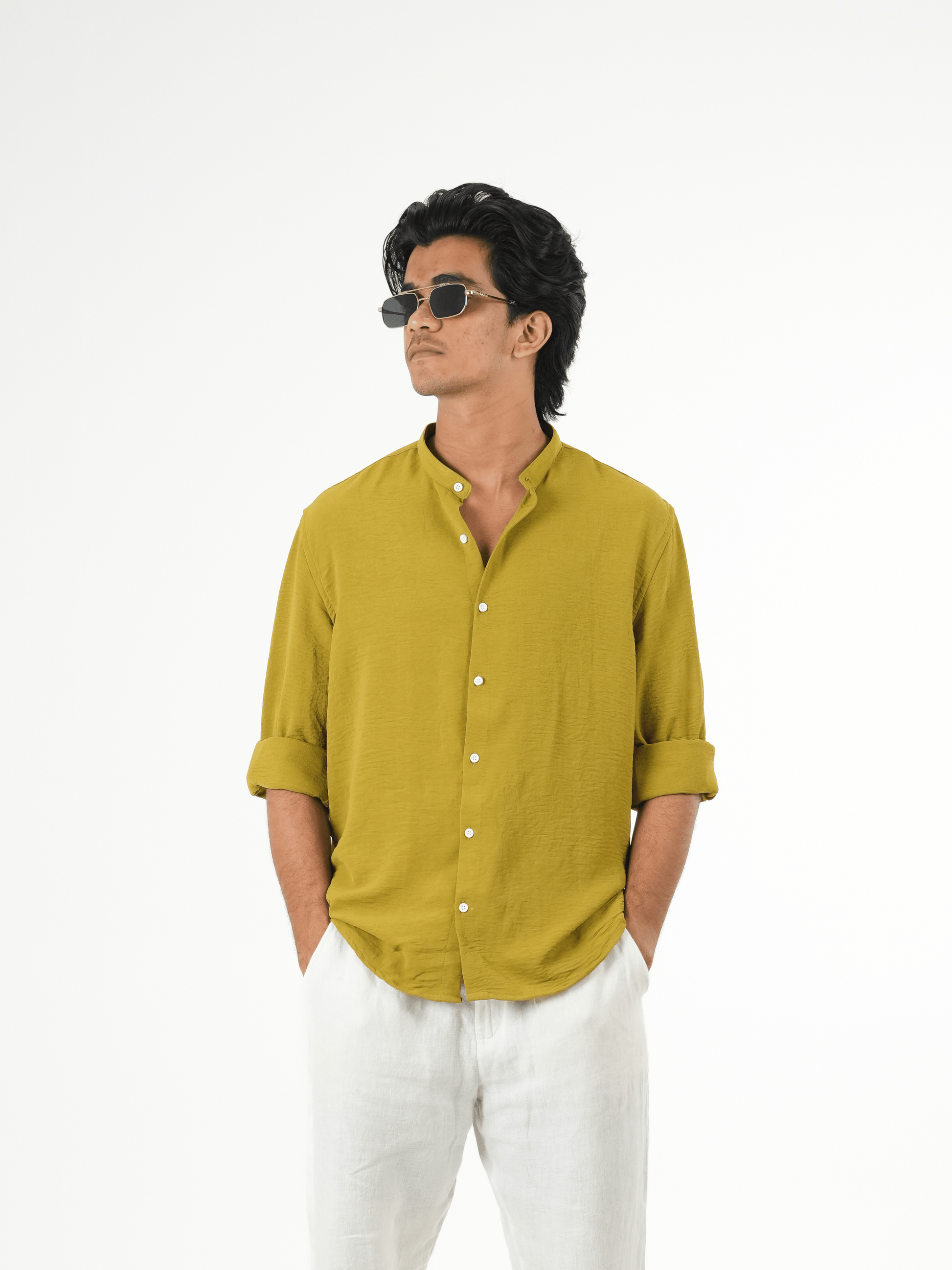 Regular Fit Chinese Collar Shirt IMP Fabirc Mustard yellow - outwearo