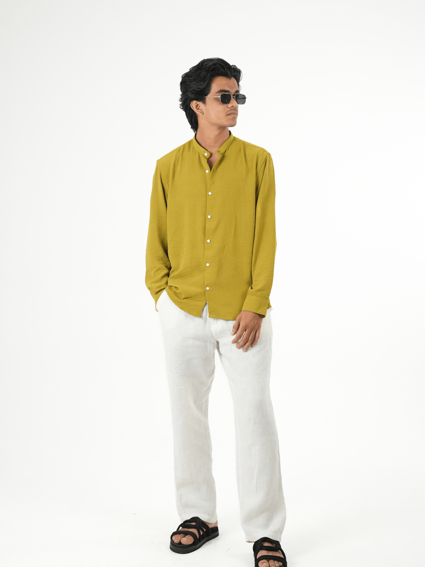 Regular Fit Chinese Collar Shirt IMP Fabirc Mustard yellow - outwearo
