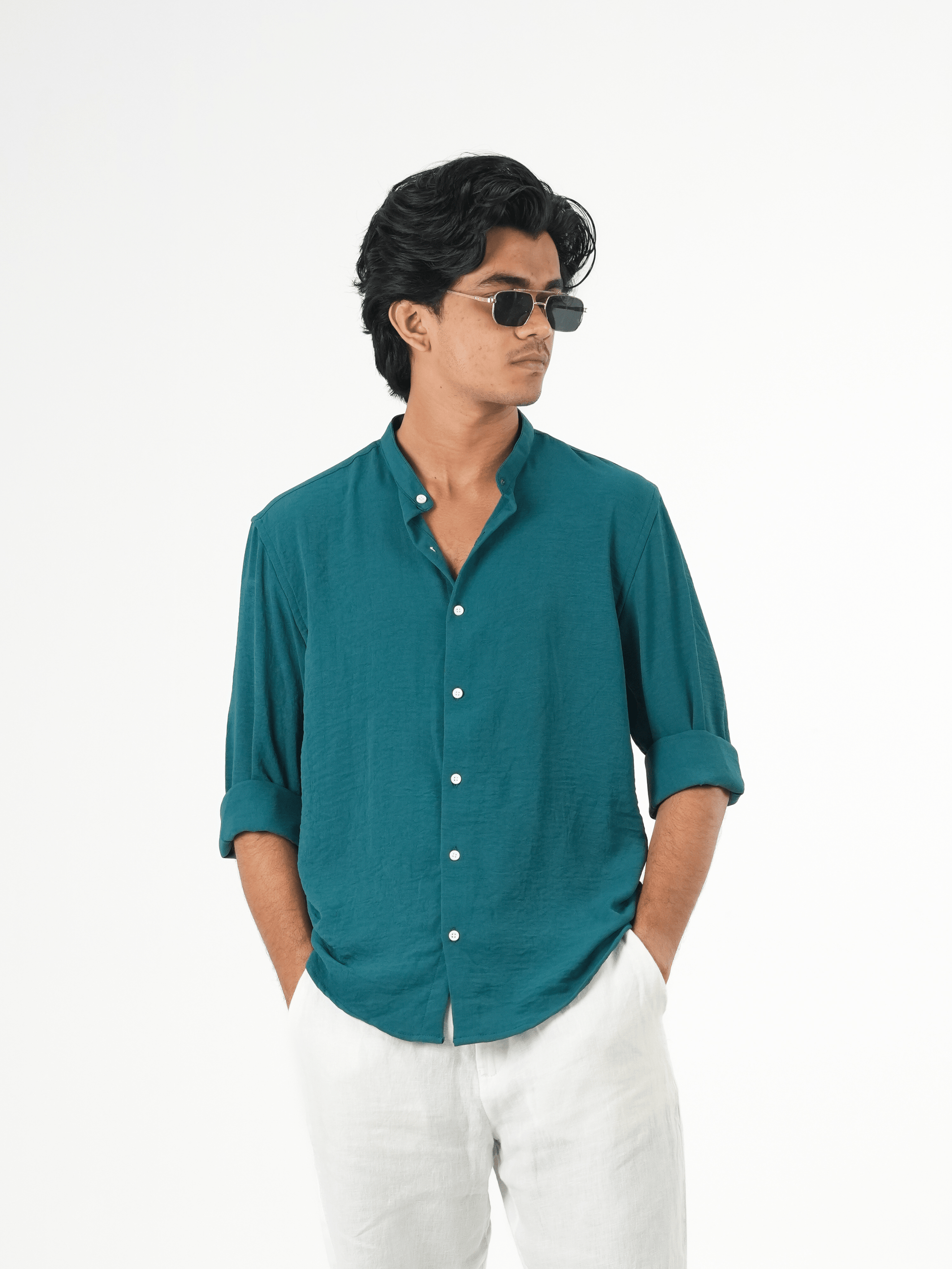 Regular Fit Chinese Collar Shirt IMP Fabirc Peacock blue - outwearo