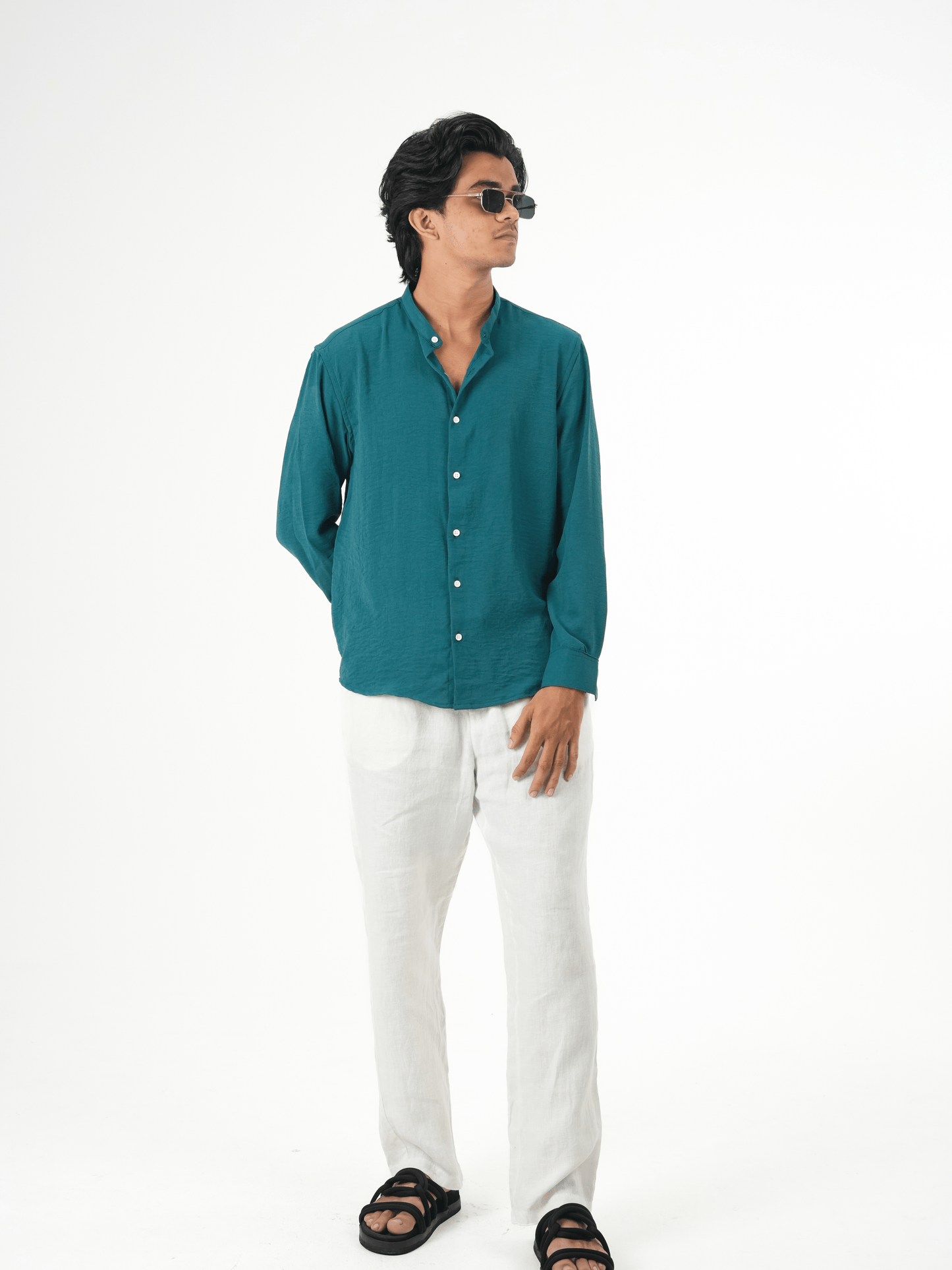 Regular Fit Chinese Collar Shirt IMP Fabirc Peacock blue - outwearo