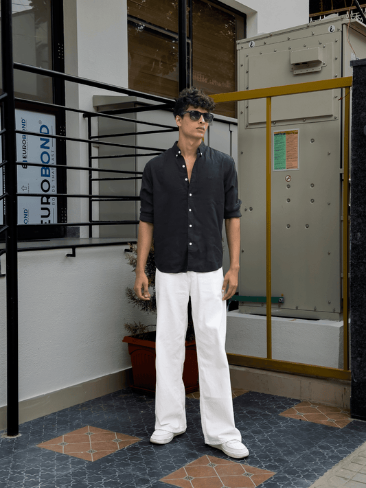 Relaxed Fit Cotton linen shirt Black - outwearo