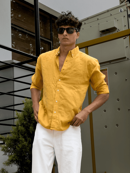 Relaxed Fit Cotton linen shirt mustard yellow - outwearo