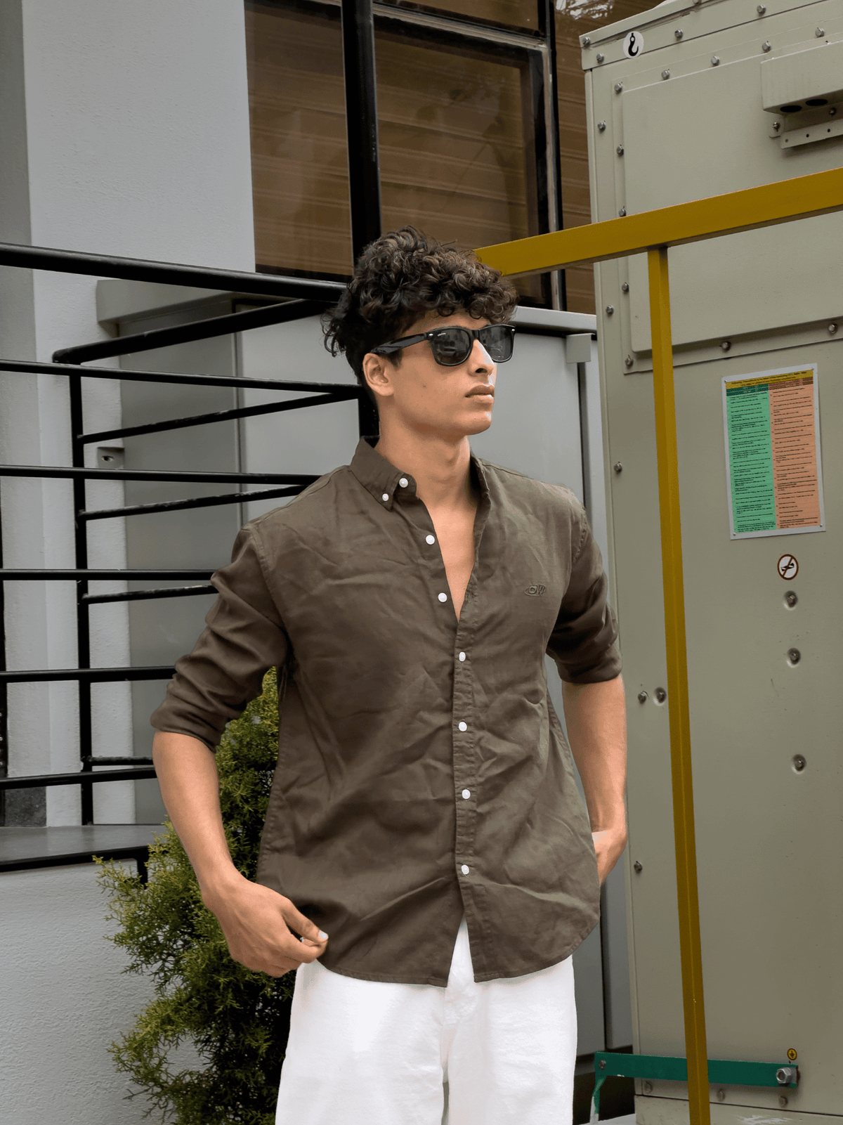 Relaxed Fit Cotton linen shirt olive green - outwearo