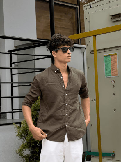Relaxed Fit Cotton linen shirt olive green - outwearo
