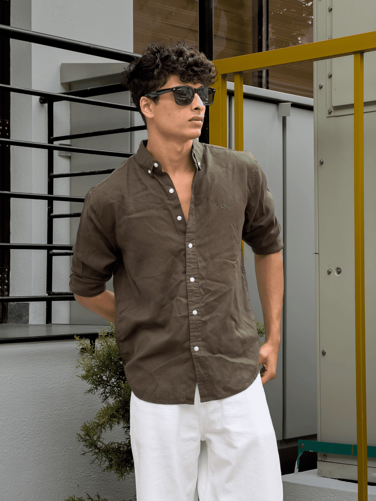Relaxed Fit Cotton linen shirt olive green - outwearo