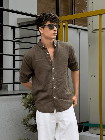 Relaxed Fit Cotton linen shirt olive green - outwearo
