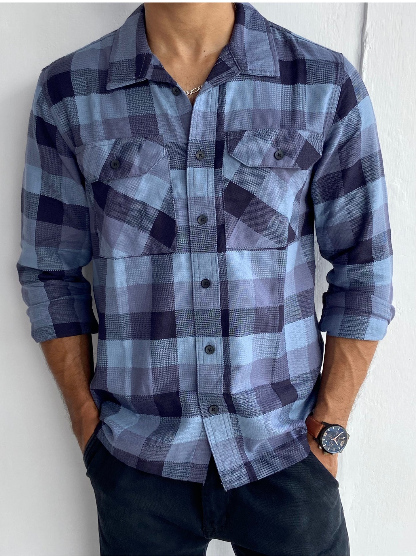 Double Pocket Check Blue Full sleeve - outwearo