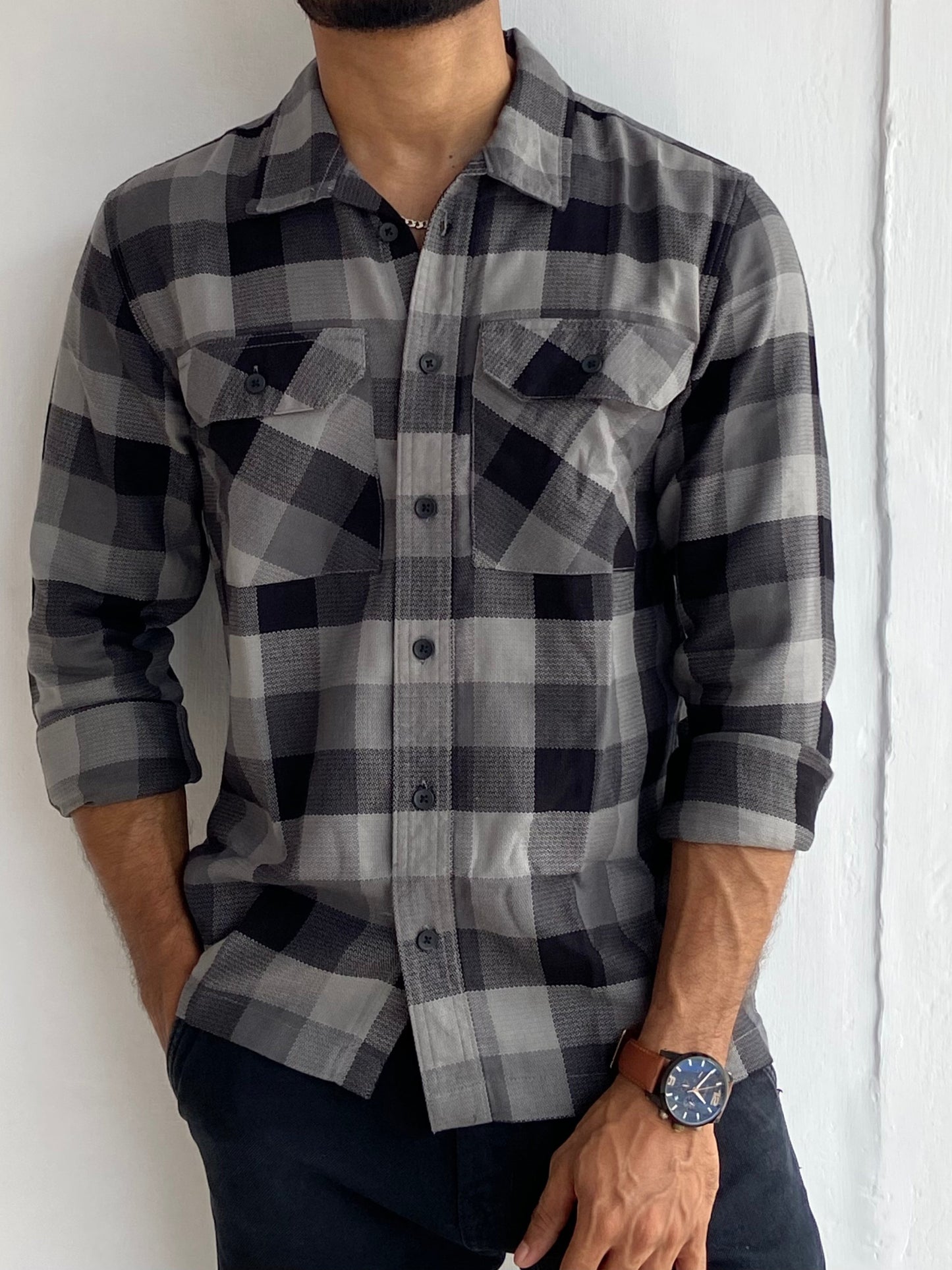 Double Pocket full sleeve check shirt Grey - outwearo