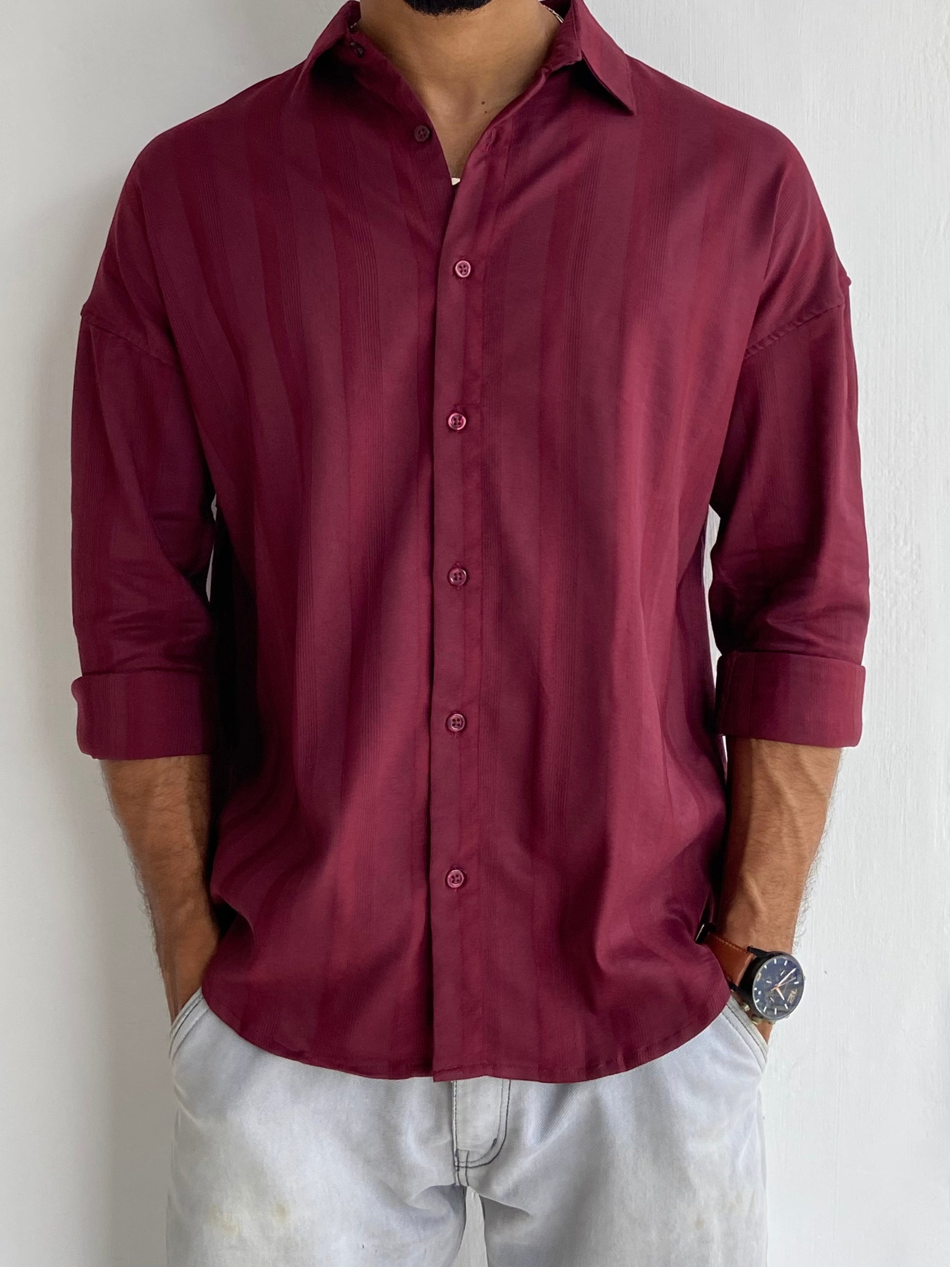 Full-sleeve Striped Drown shoulder shirt Red - outwearo