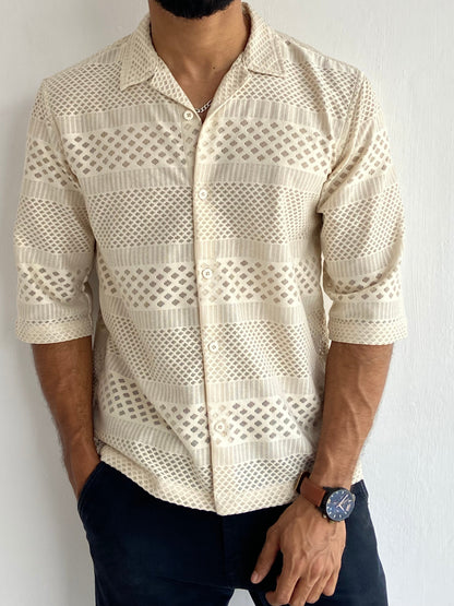 TEXTURED CROCHET FIVESLEEVE SHIRT CREAM - outwearo