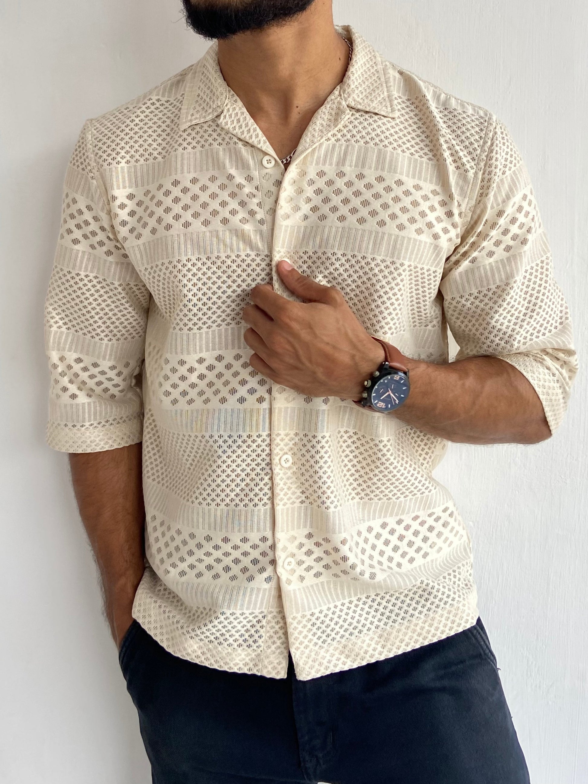 TEXTURED CROCHET FIVESLEEVE SHIRT CREAM - outwearo