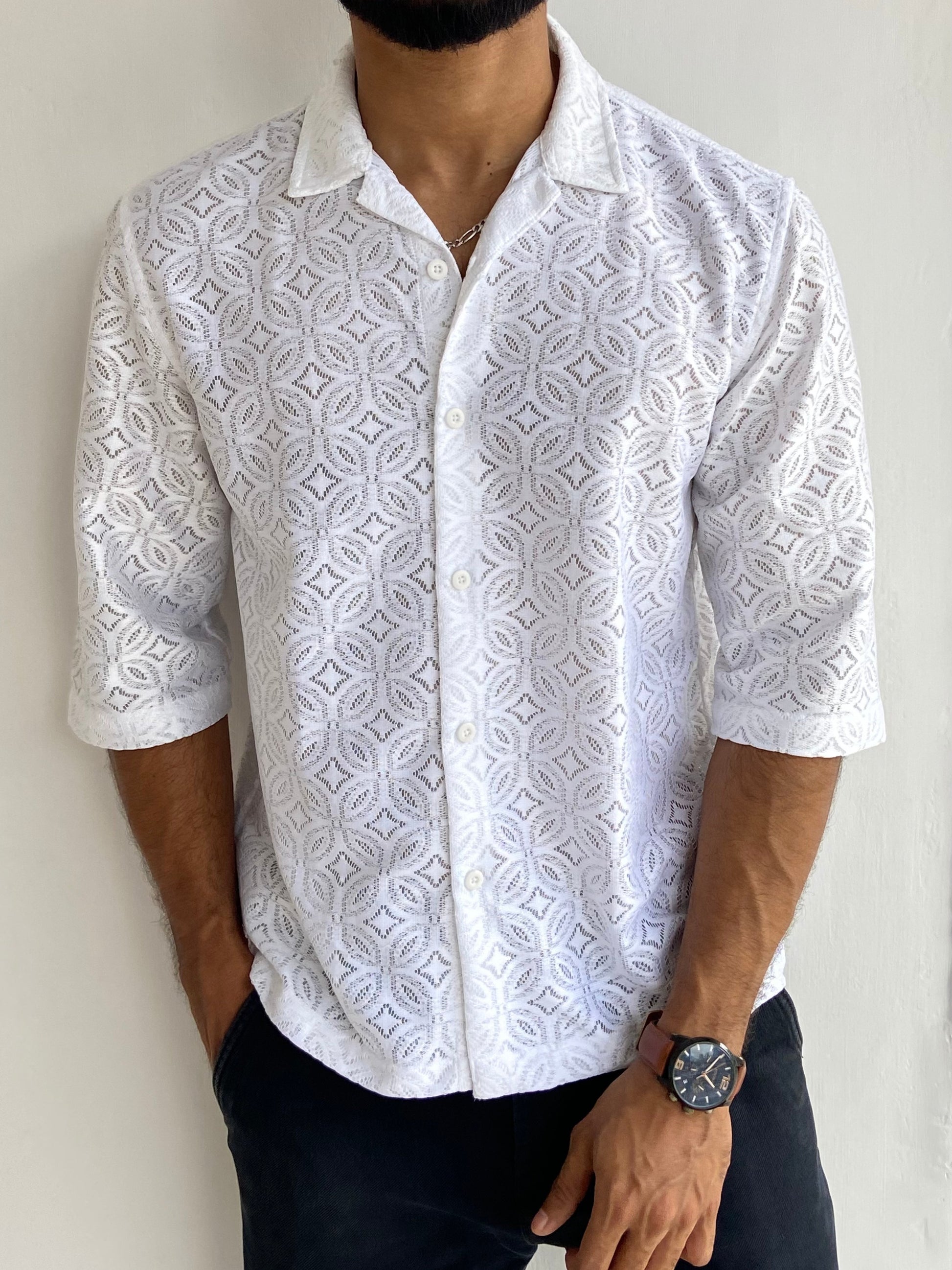 TEXTURED CROCHET FIVESLEEVE SHIRT WHITE - outwearo