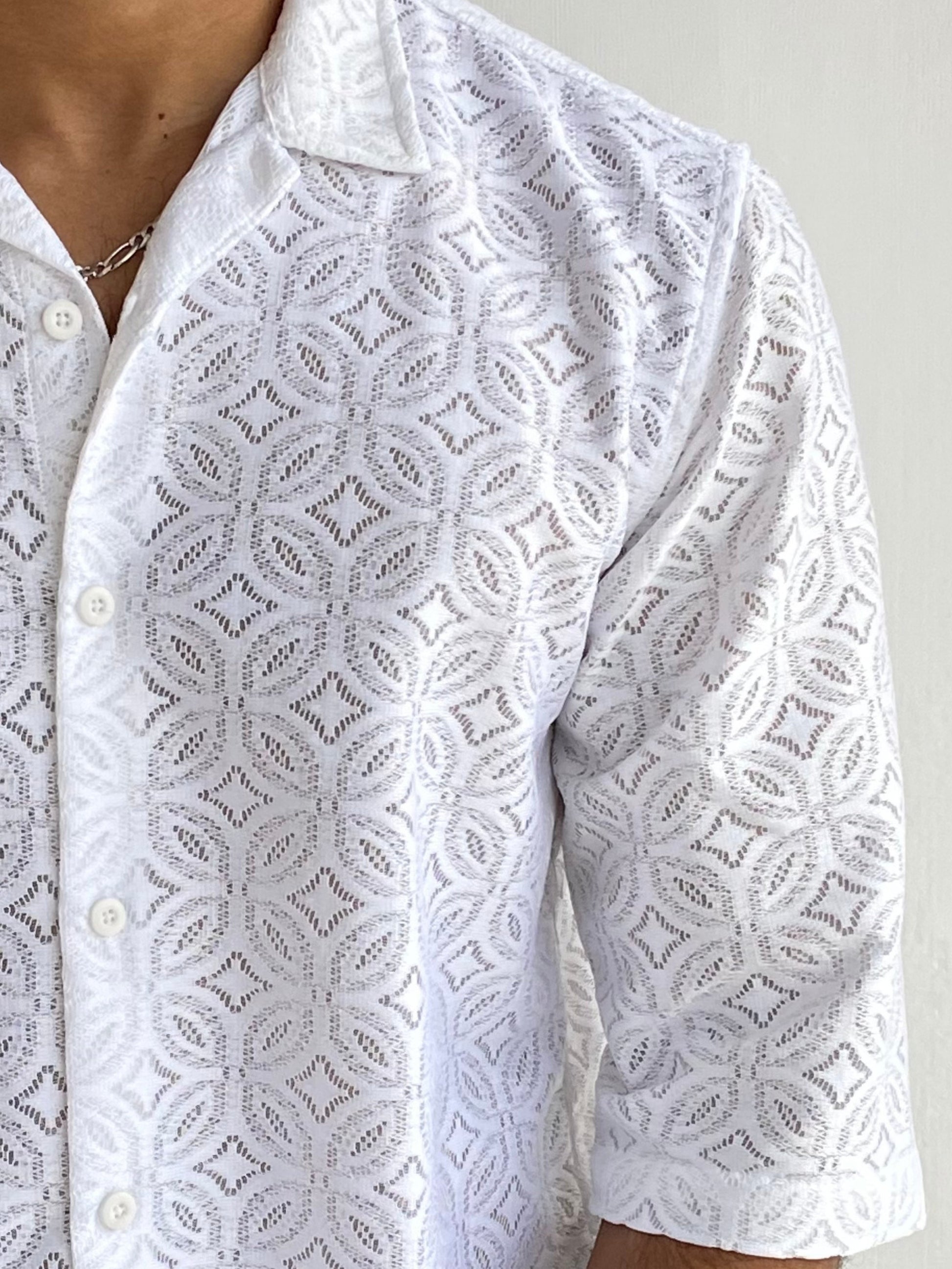 TEXTURED CROCHET FIVESLEEVE SHIRT WHITE - outwearo